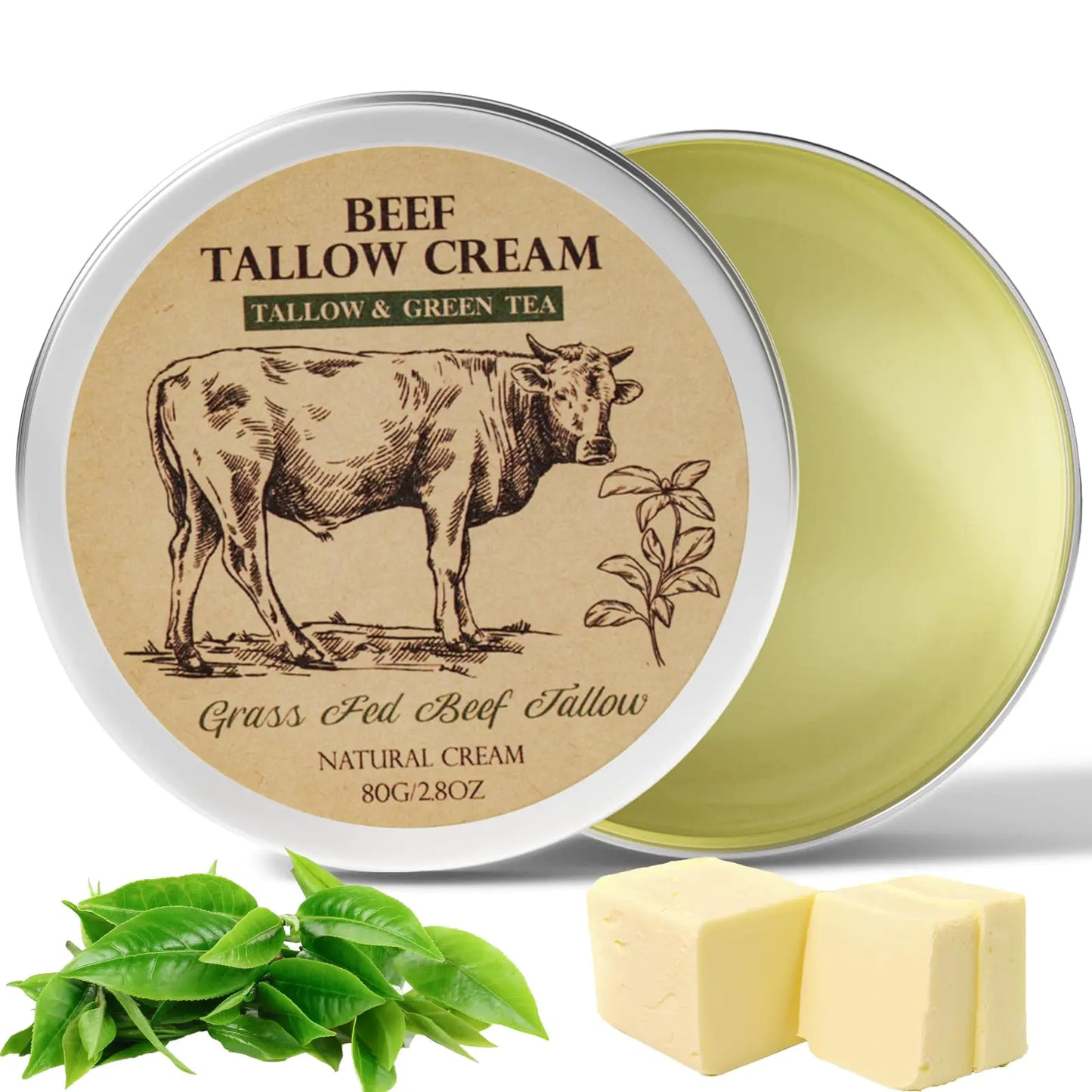 Beef Tallow for Skin Tallow Face Moisturizer Tallow Balm Natural Organic Grass-Fed Beef Tallow Balm with Green Tea Moisturizing Cream for Body Lotion Skin Care for Sensitive Skin Green Tea