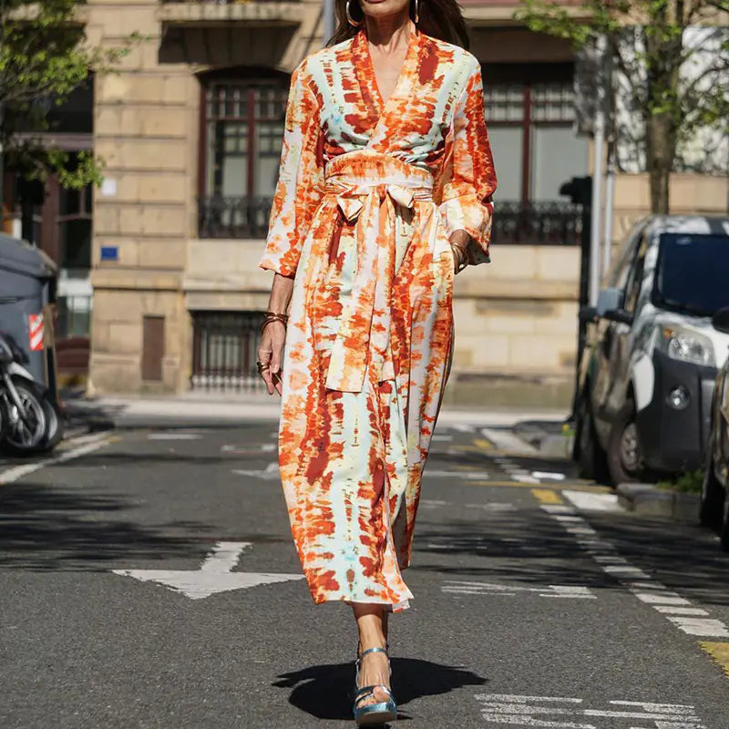 Printed V-neck Belted Midi Dress for Women