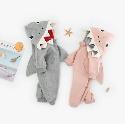 Cartoon Shark Hooded Baby Romper with Pocket