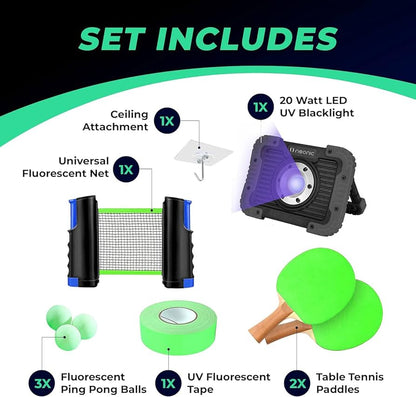 Blacklight Ping Pong Set Glow in The Dark Ping Pong UV Floodlight Table Tennis Neon Ping Pong Ceiling Attachment