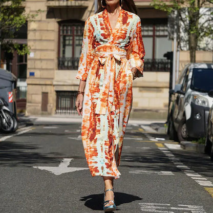 Printed V-neck Belted Midi Dress for Women