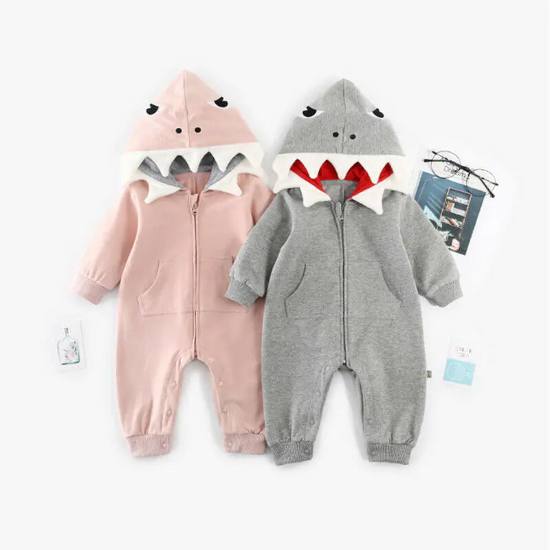 Cartoon Shark Hooded Baby Romper with Pocket