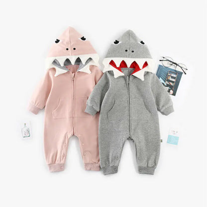 Cartoon Shark Hooded Baby Romper with Pocket