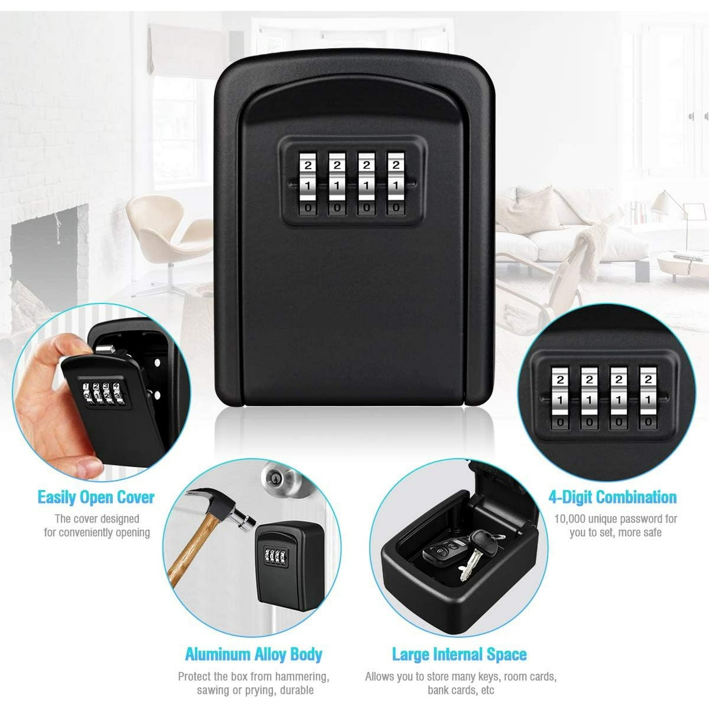 Key Lock Box for Outside – Heavy-Duty Waterproof Key Safe with 5-Key Capacity & Resettable Code for Home, Garage, Airbnb & Emergency Access