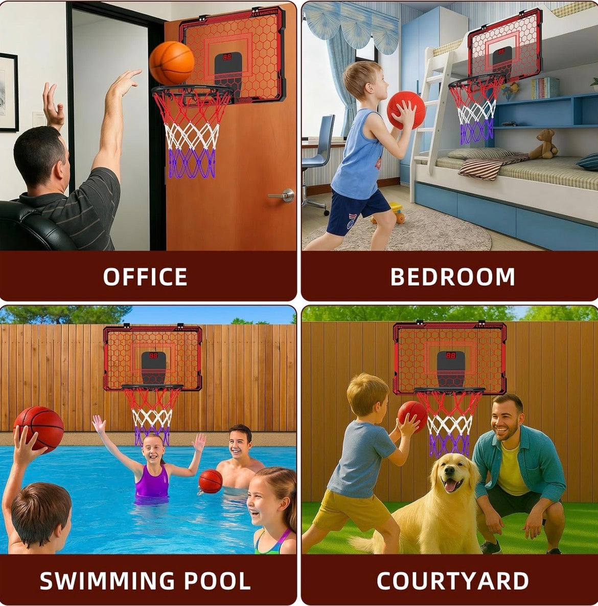 Basketball Hoop Indoor for Kids Over The Door Basketball Hoops with LED Lighting & Audio Scoreboard Mini Basketball Hoop Basketball Toys Gifts for 5 6 7 8 9 10 11 12 Year Old Boys Girls (Red)