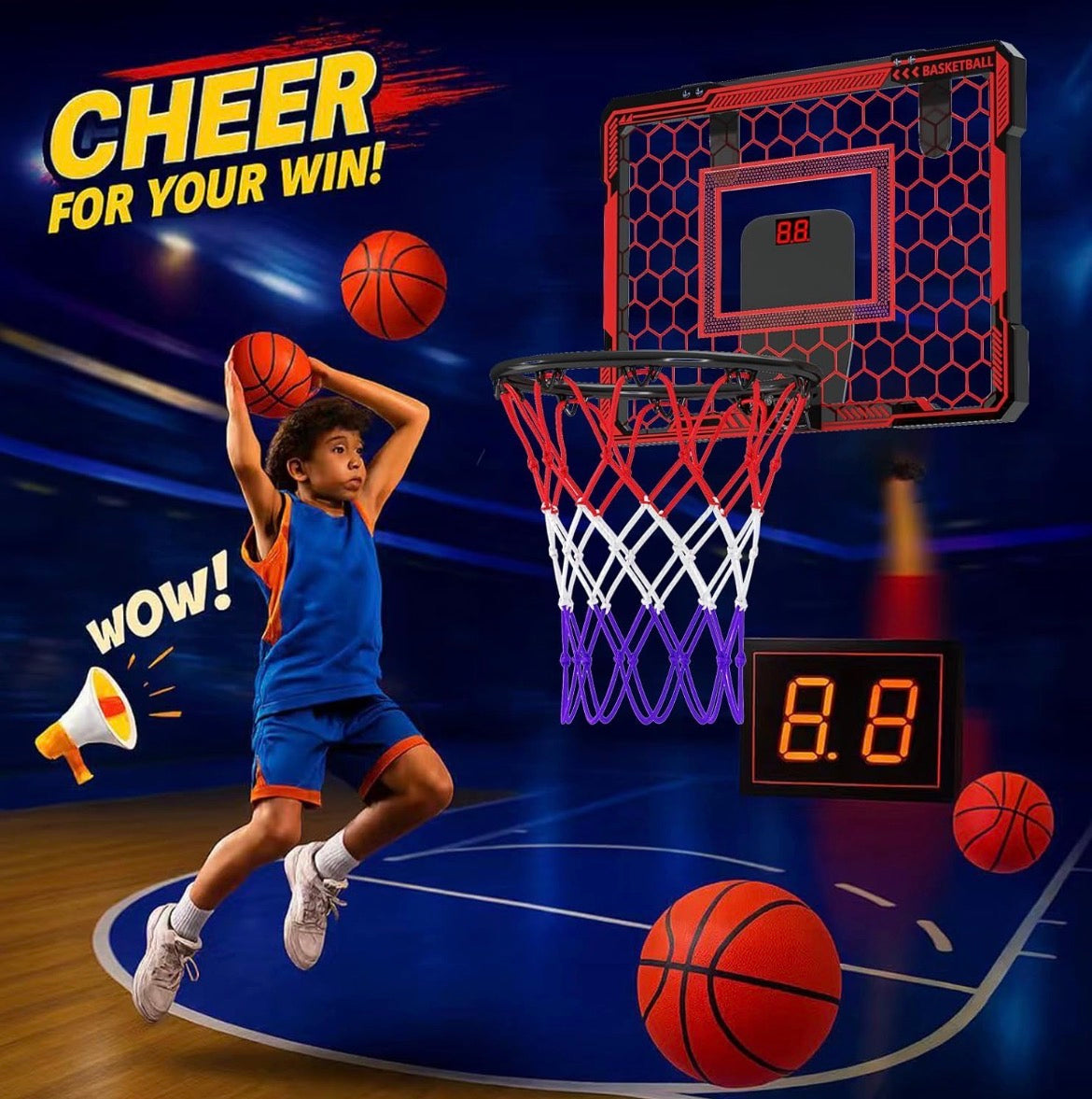 Basketball Hoop Indoor for Kids Over The Door Basketball Hoops with LED Lighting & Audio Scoreboard Mini Basketball Hoop Basketball Toys Gifts for 5 6 7 8 9 10 11 12 Year Old Boys Girls (Red)