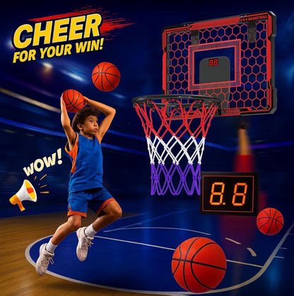 Basketball Hoop Indoor for Kids Over The Door Basketball Hoops with LED Lighting & Audio Scoreboard Mini Basketball Hoop Basketball Toys Gifts for 5 6 7 8 9 10 11 12 Year Old Boys Girls (Red)
