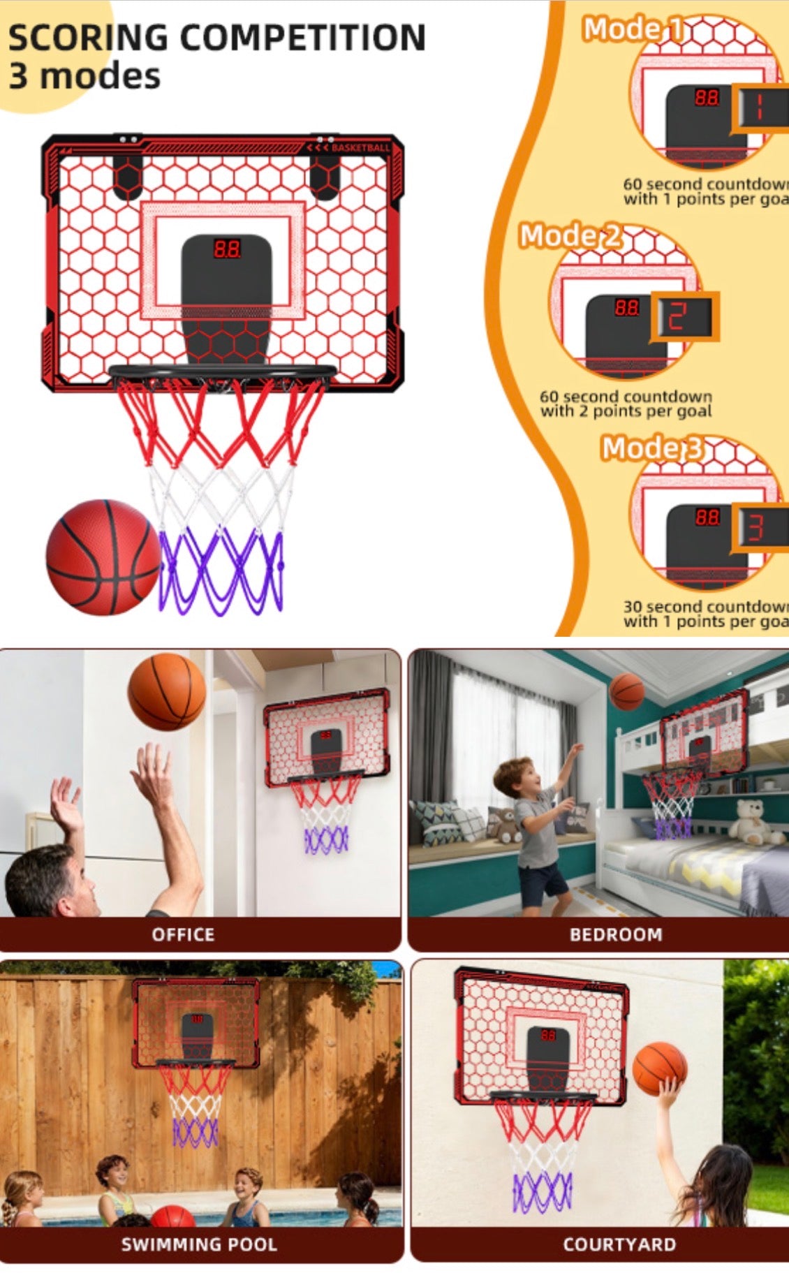 Basketball Hoop Indoor for Kids Over The Door Basketball Hoops with LED Lighting & Audio Scoreboard Mini Basketball Hoop Basketball Toys Gifts for 5 6 7 8 9 10 11 12 Year Old Boys Girls (Red)