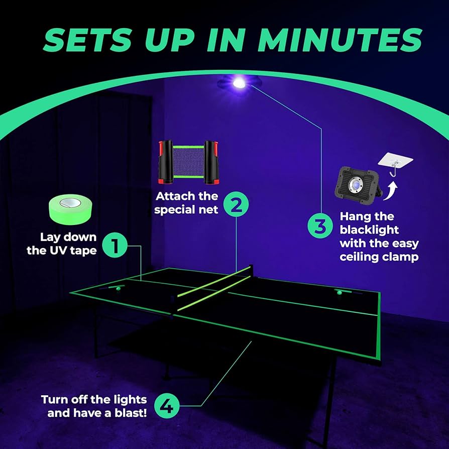 Blacklight Ping Pong Set Glow in The Dark Ping Pong UV Floodlight Table Tennis Neon Ping Pong Ceiling Attachment