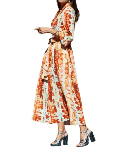 Printed V-neck Belted Midi Dress for Women