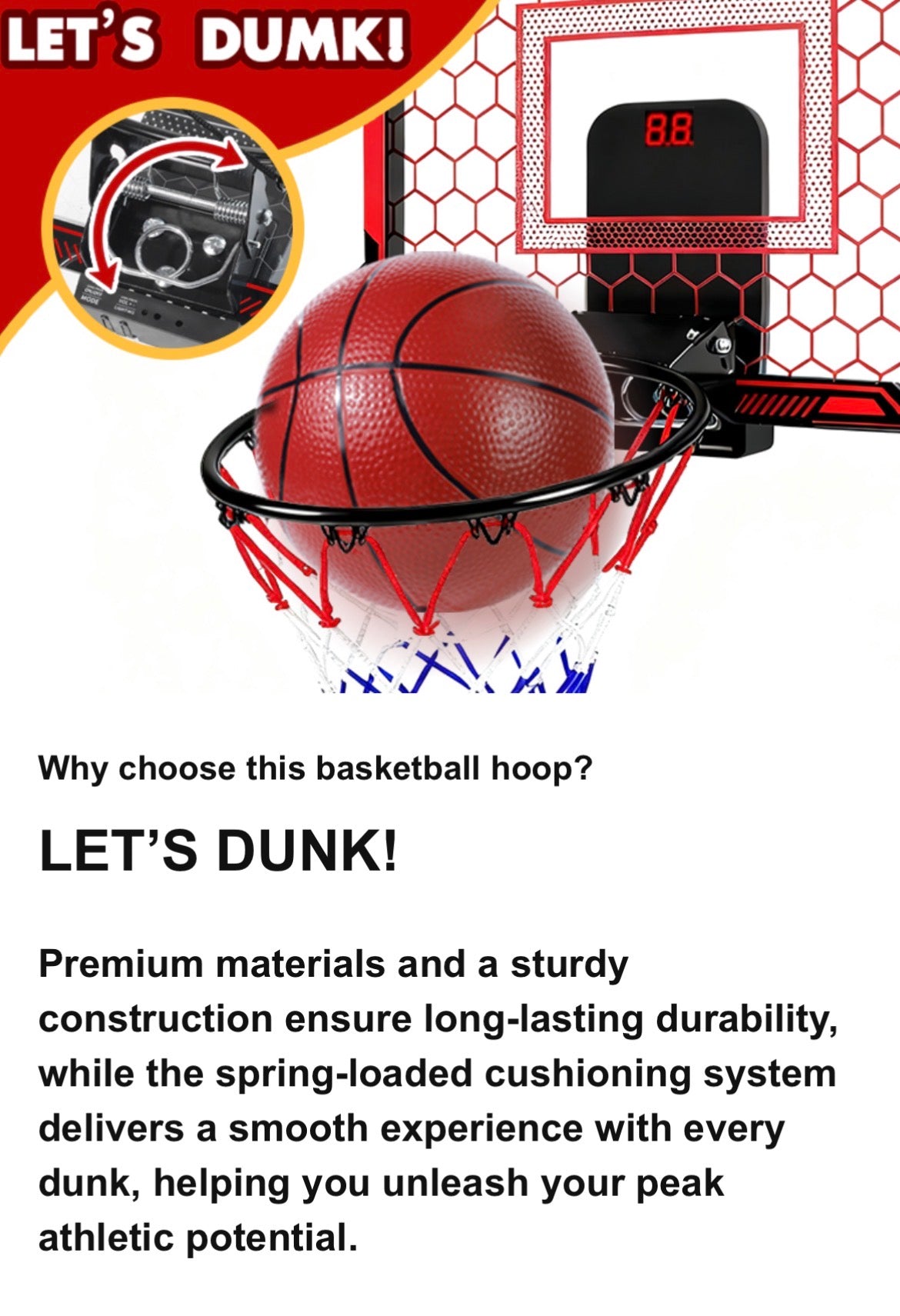 Basketball Hoop Indoor for Kids Over The Door Basketball Hoops with LED Lighting & Audio Scoreboard Mini Basketball Hoop Basketball Toys Gifts for 5 6 7 8 9 10 11 12 Year Old Boys Girls (Red)