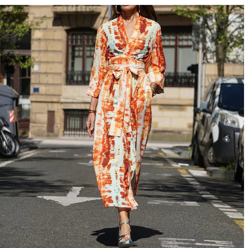 Printed V-neck Belted Midi Dress for Women