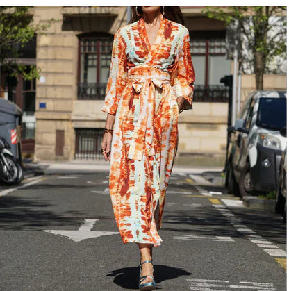 Printed V-neck Belted Midi Dress for Women