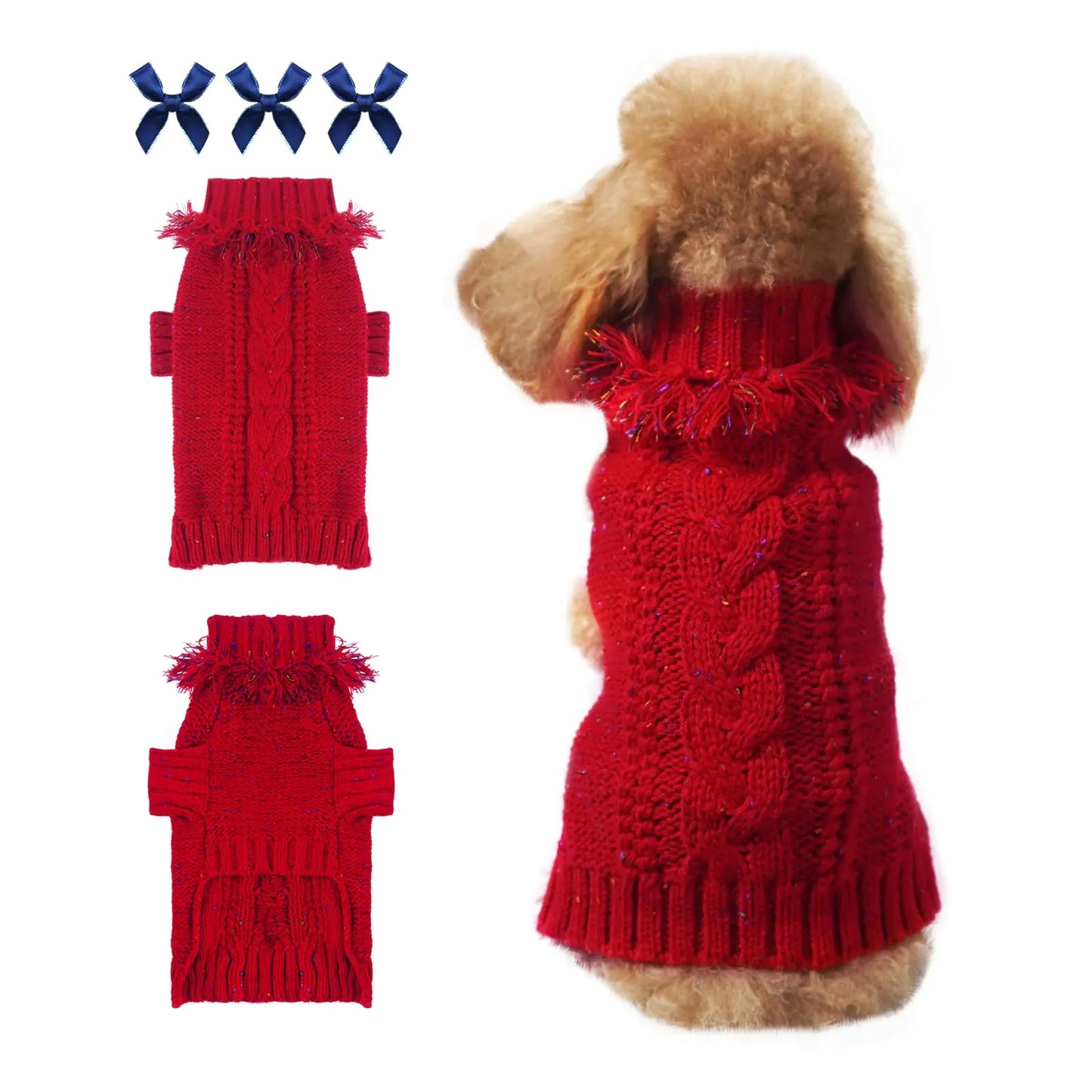 Topkins Dog Sweaters Puppy Turtleneck Sweater Dog Halloween Christmas Sweater Knitted Jumper for Medium Small Dogs Pet Wool Knitwear with Tassel and Blue Bows Warm Dog Costume(Red L)