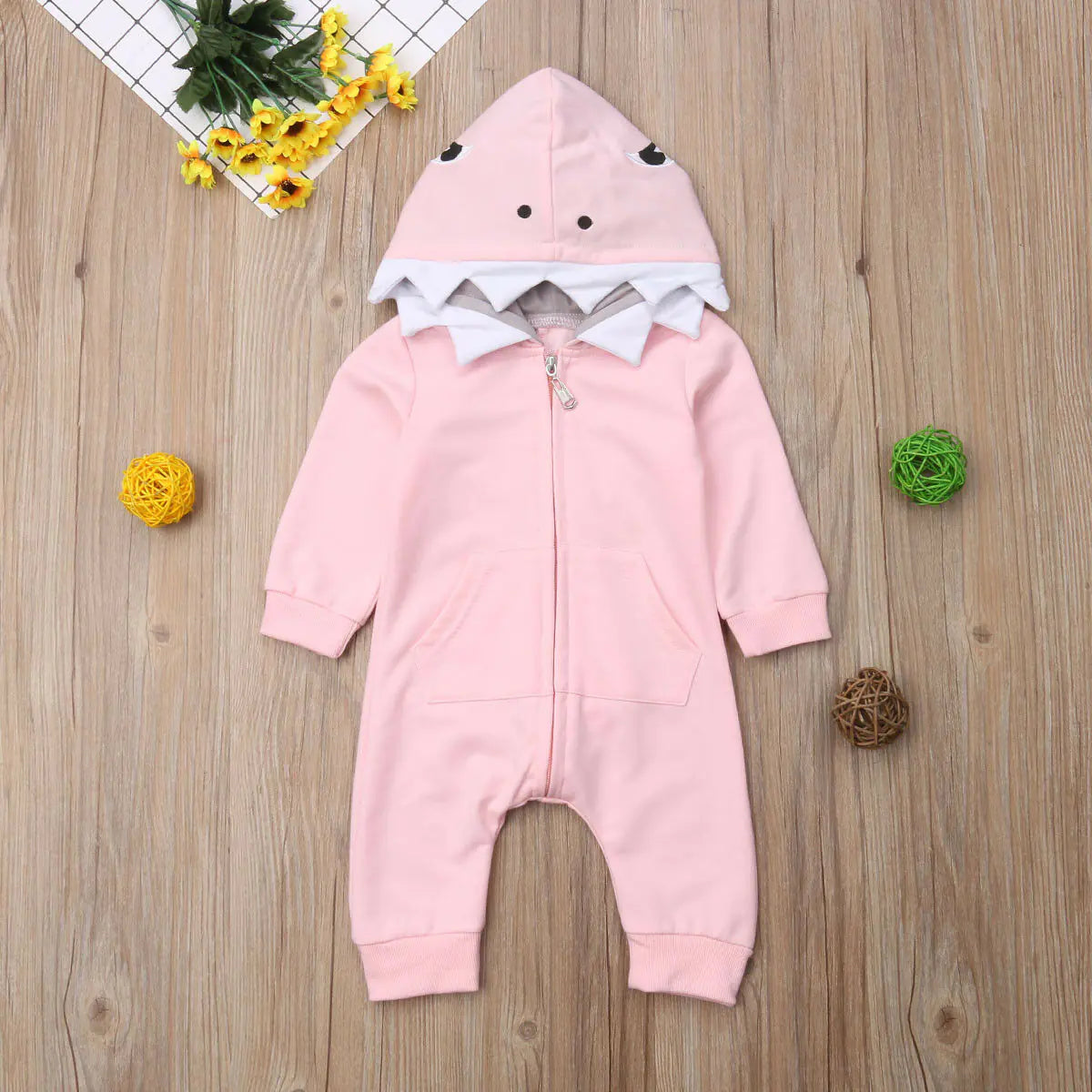Cartoon Shark Hooded Baby Romper with Pocket