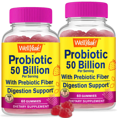 WellYeah (2 Pack 50 Billion Probiotics + Prebiotics for Men and Women Gummies - Digestive Support Gut Health Immune Support Gummy - Probiotics for Digestive Health with 12 Strains - 60 Gummies