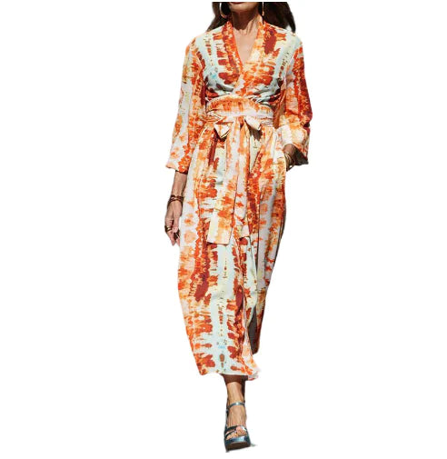 Printed V-neck Belted Midi Dress for Women
