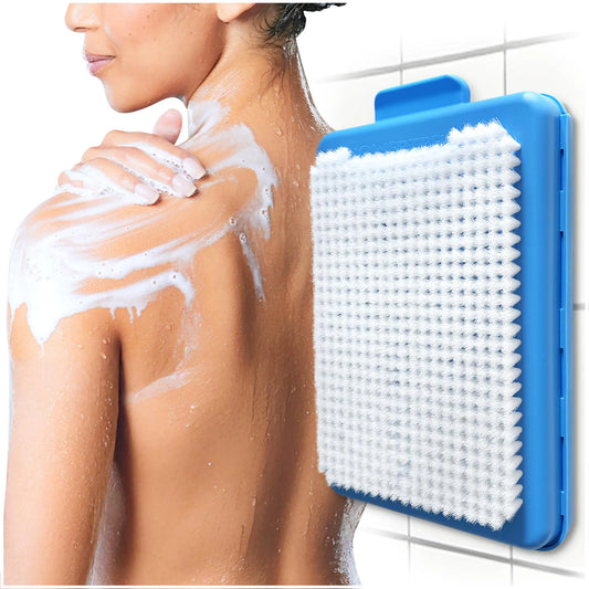 SHWRTREE | Wall-Mounted Shower Back & Body Scrubber | Replaceable Brush with Exfoliating Bristles for Back & Skin Care (Blue)