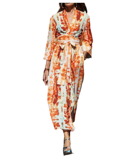 Printed V-neck Belted Midi Dress for Women