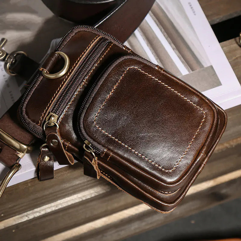 Men's Retro Leather Waist Bag for Leisure Sports