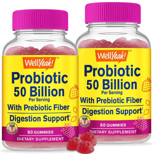 WellYeah (2 Pack 50 Billion Probiotics + Prebiotics for Men and Women Gummies - Digestive Support Gut Health Immune Support Gummy - Probiotics for Digestive Health with 12 Strains - 60 Gummies