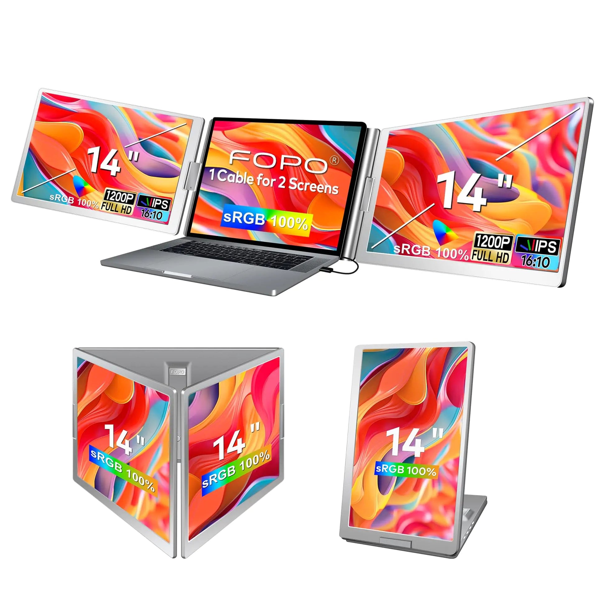 FOPO 14" Laptop Screen Extender Triple Monitor Laptop Extender [1 Cable for Dual Monitor] 1200P FHD 360° Rotation Screen Portable Monitor for 13 - 17" Laptops with USB - C /2 USB - A (MacOS Wins) - Shaikat And Zuthi’s Tech Ideas