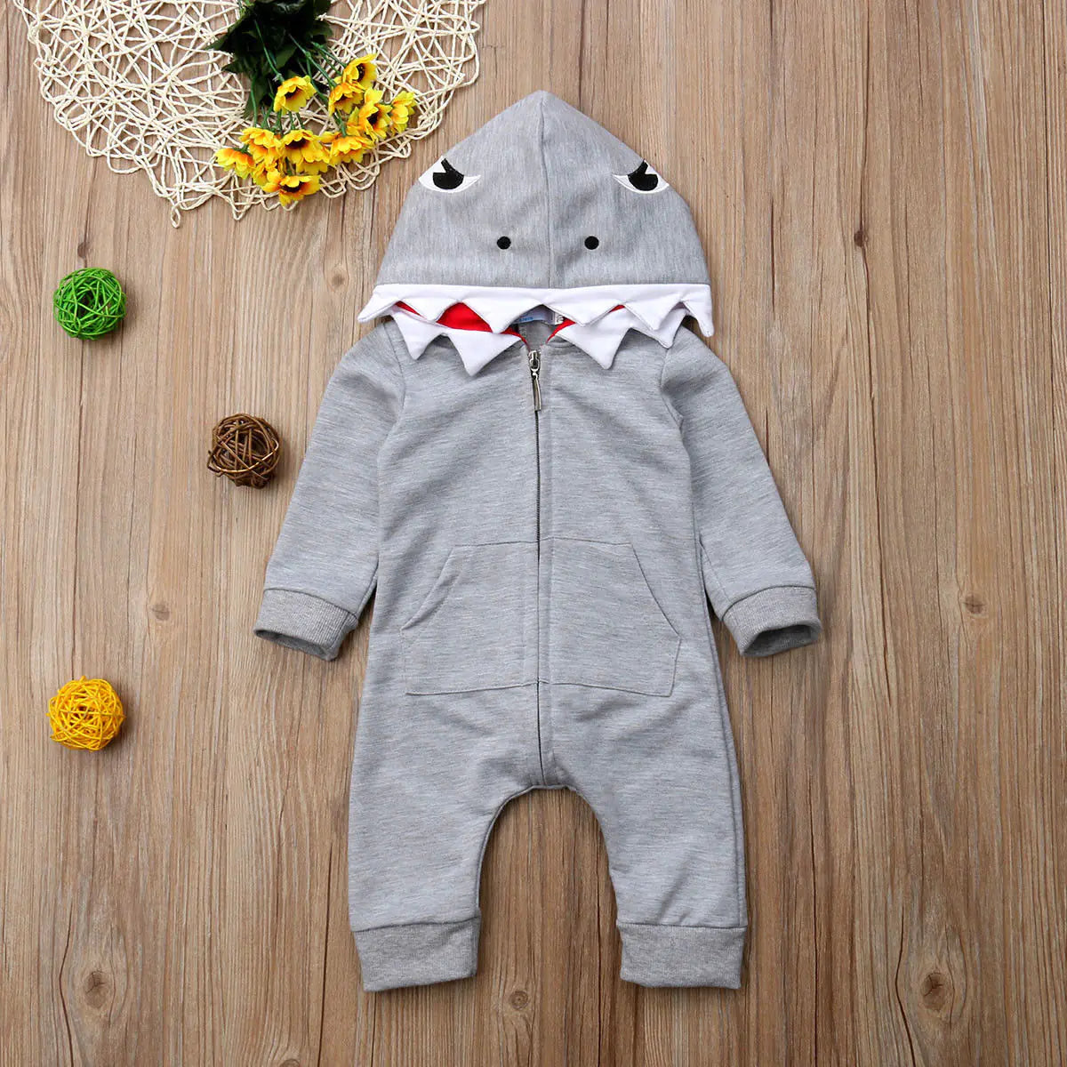 Cartoon Shark Hooded Baby Romper with Pocket
