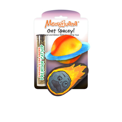 Meowijuana | Get Spacey Planet and Meteor - 2 Pack | Refillable Catnip Toy | Promotes Play and Cat Health | Includes Organic Catnip Grown in North America | Feline and Cat Lover Approved