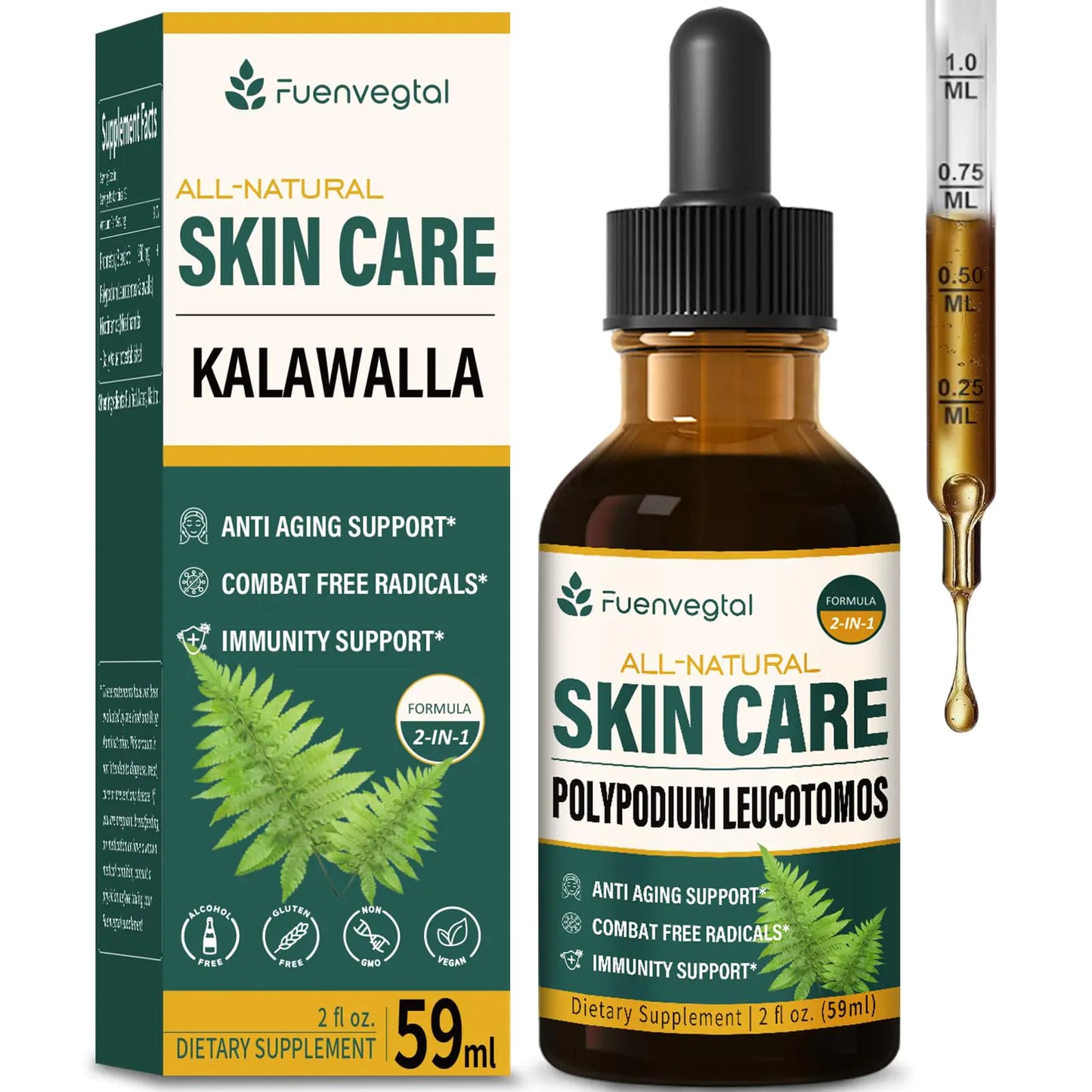 Polypodium Leucotomos Skin Care Drops Natural Nicotinamide & Kalawalla Root Extract Liquid Supplement Supports Anti-Aging Combats Free Radicals and Promotes Skin Health & Immunity. 2oz