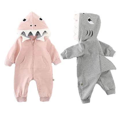 Cartoon Shark Hooded Baby Romper with Pocket