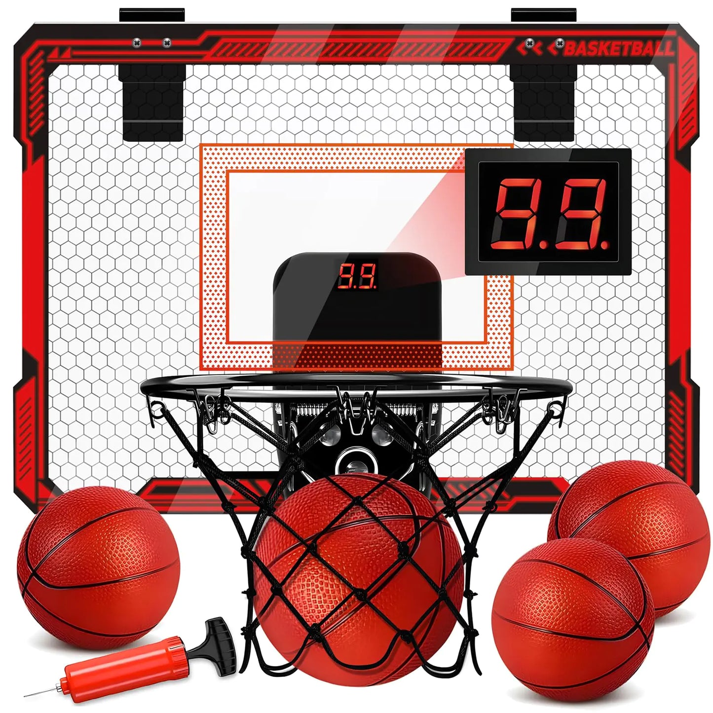 Basketball Hoop Indoor for Kids Over The Door Basketball Hoops with LED Lighting & Audio Scoreboard Mini Basketball Hoop Basketball Toys Gifts for 5 6 7 8 9 10 11 12 Year Old Boys Girls (Red)