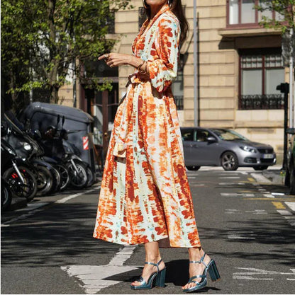 Printed V-neck Belted Midi Dress for Women