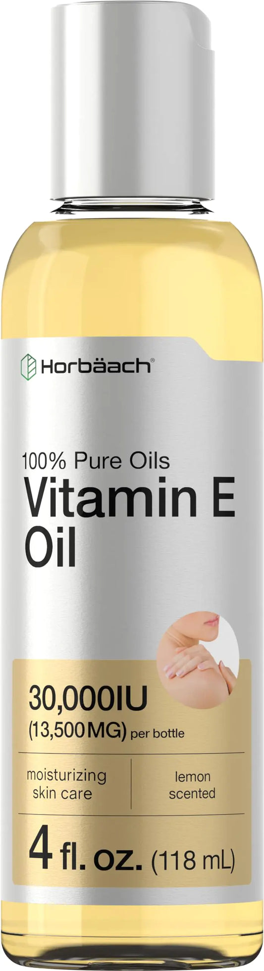 Horbäach Vitamin E Oil For Skin 30000 IU | 4 fl oz | 100% Pure Oils | Moisturizing Skin Care | Non-GMO Vegetarian | Lemon Scented