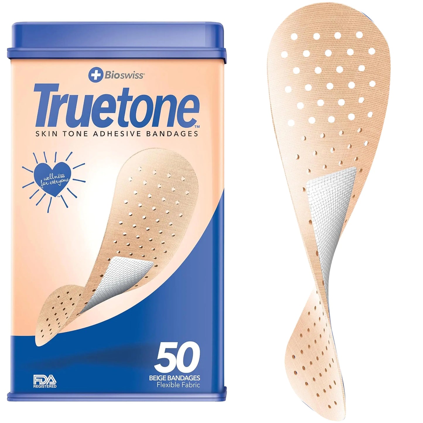 BioSwiss Truetone Beige Skin Tone Bandages Beige Skin Care Covers for True Color Matches First Aid Tin Latex Free Standard Shape for Kids and Adults 50 Pack